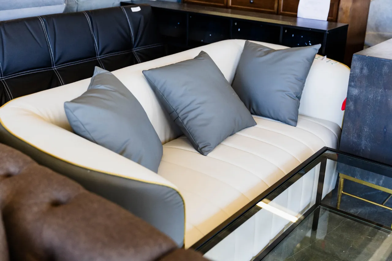 Curved Sofa with 3 Gray Pillows โ image 1