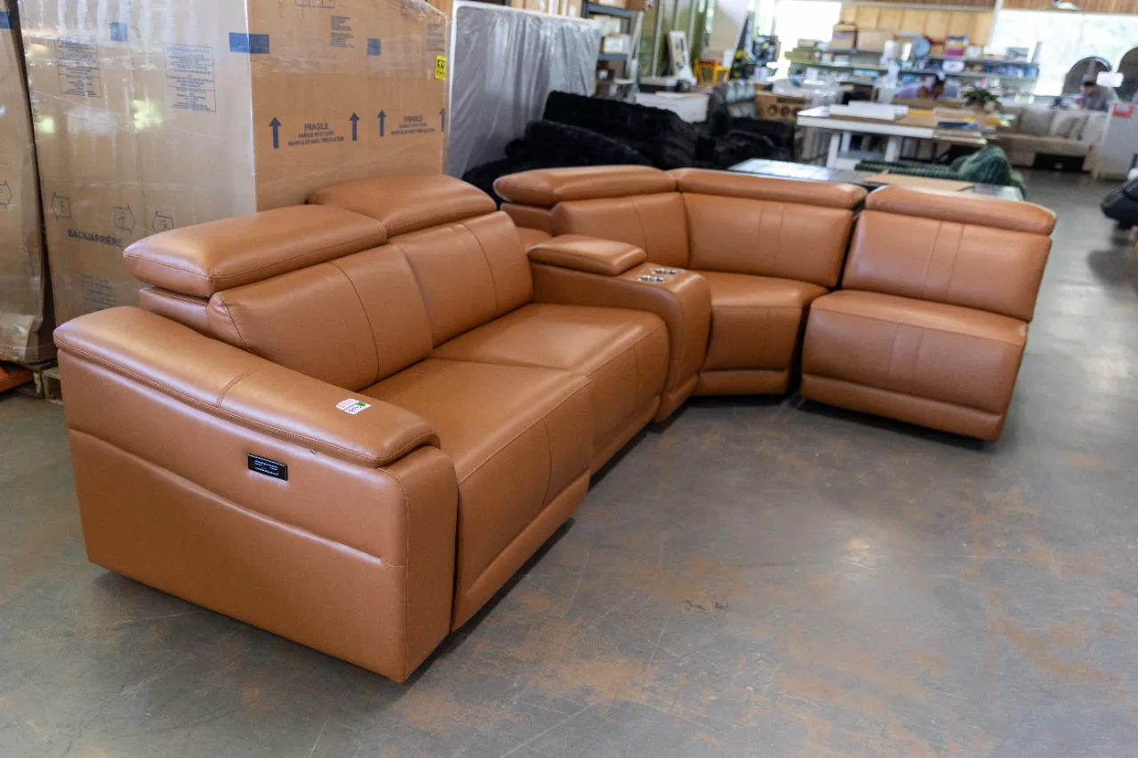 Brown Leather Sectional Sofa with Recliners and Cup Holders โ image 1