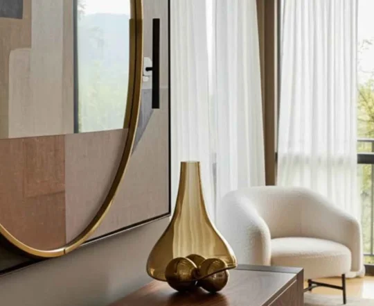 Glass Vase with Aluminum Metal Accent, Modern Handblown Design with Sculptural Removable Insert